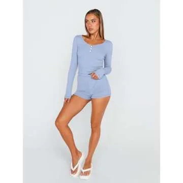 Trendy Queen Womens Lounge Sets Two Piece Pajamas Set 2 Piece Sleepwear Tracksuit Outfits Cute Ribbed Knit Shorts and Long Sleeve Top Spring Fashion Summer Vacation Workout Clothes 2024