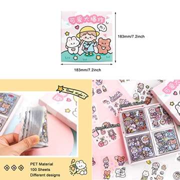 Kawaii Stickers Set (100 Sheets) - Cute PET Transparent Cartoon Animal Flower Decorative Scrapbook S...