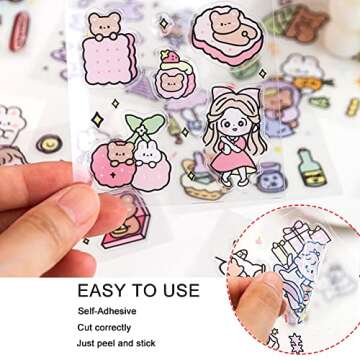 Kawaii Stickers Set (100 Sheets) - Cute PET Transparent Cartoon Animal Flower Decorative Scrapbook Sticker for Bullet Journaling,DIY Arts Crafts,Album,Planners,Junk Journal,Calendars and Notebook