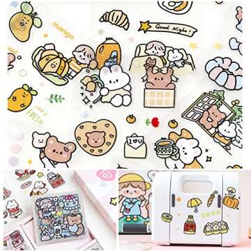 Kawaii Stickers Set (100 Sheets) - Cute PET Transparent Cartoon Animal Flower Decorative Scrapbook Sticker for Bullet Journaling,DIY Arts Crafts,Album,Planners,Junk Journal,Calendars and Notebook