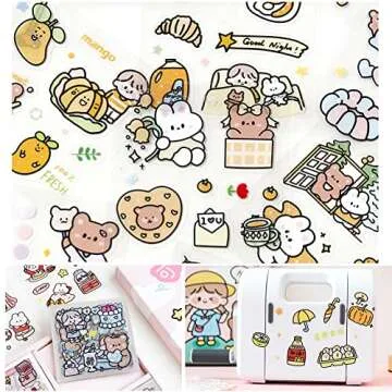 Kawaii Stickers Set (100 Sheets) - Cute PET Transparent Cartoon Animal Flower Decorative Scrapbook Sticker for Bullet Journaling,DIY Arts Crafts,Album,Planners,Junk Journal,Calendars and Notebook