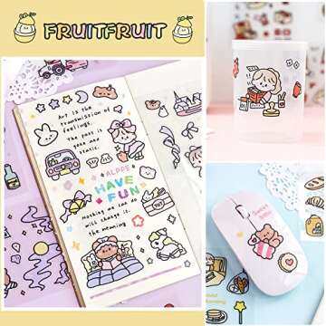 Kawaii Stickers Set (100 Sheets) - Cute PET Transparent Cartoon Animal Flower Decorative Scrapbook Sticker for Bullet Journaling,DIY Arts Crafts,Album,Planners,Junk Journal,Calendars and Notebook