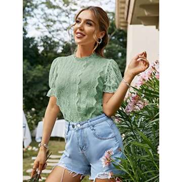 OYOANGLE Women's Floral Lace Mock Neck Ruffle Short Puff Sleeve Blouse Workwear Tops Mint Green S