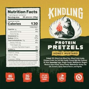 Kindling Protein Pretzels - Honey Mustard | Protein-Packed Snack Size Bags | Kosher | 8-9g Protein Per Serving | Only 1-2g of Total Sugar | No Artificial Flavors, Soy-Free | Lunches, Office Snacks, & On-the-Go | 16-Count (1.06oz Bags)