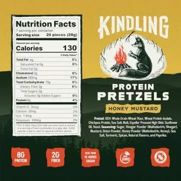 Kindling Protein Pretzels - Honey Mustard | Protein-Packed Snack Size Bags | Kosher | 8-9g Protein Per Serving | Only 1-2g of Total Sugar | No Artificial Flavors, Soy-Free | Lunches, Office Snacks, & On-the-Go | 16-Count (1.06oz Bags)