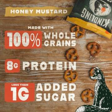 Kindling Protein Pretzels - Honey Mustard | Protein-Packed Snack Size Bags | Kosher | 8-9g Protein Per Serving | Only 1-2g of Total Sugar | No Artificial Flavors, Soy-Free | Lunches, Office Snacks, & On-the-Go | 16-Count (1.06oz Bags)