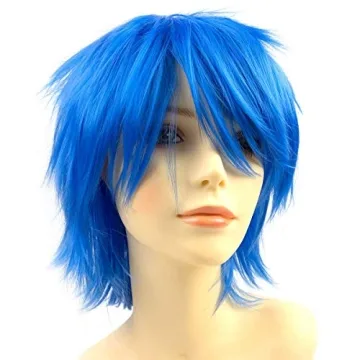 Modernfairy Anime Halloween Wig - Blue Synthetic Layered Short Hair with Bangs for Unisex Cosplay