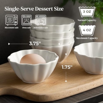 DOWAN Ramekins 4 oz, Creme Brulee Ramekins, Ramiken Oven Safe for Baking, Souffle Dishes Custard Cups, Porcelain Small Dipping Sauces Charcuterie Dessert Bowls, Ceramic Pudding Cups, Set of 6, White