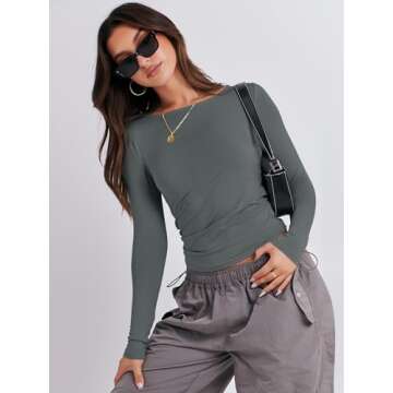 Chic ANRABESS Women's Long Sleeve Crop Top in Deep Grey