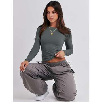 Chic ANRABESS Women's Long Sleeve Crop Top in Deep Grey