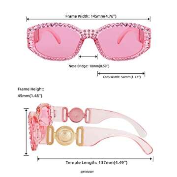 FEISEDY Chunky Rectangle 90s Sunglasses Men Women Crystal Sunglasses UV400 Sparkling Fahion Temple B2880