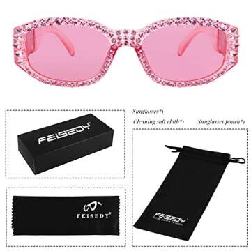FEISEDY Chunky Rectangle 90s Sunglasses Men Women Crystal Sunglasses UV400 Sparkling Fahion Temple B2880