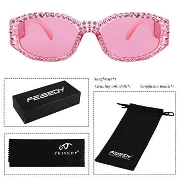 FEISEDY Chunky Rectangle 90s Sunglasses Men Women Crystal Sunglasses UV400 Sparkling Fahion Temple B2880