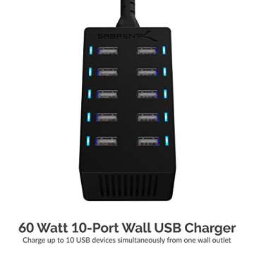 SABRENT 60 Watt (12 Amp) 10 Port [UL Certified] Family Sized Desktop USB Rapid Charger. Smart USB Ports with Auto Detect Technology [Black] (AX-TPCS)