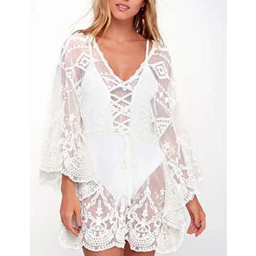 Bsubseach White See Through Casual V Neck Beach Mesh Batwing Sleeve Swimsuit Cover Up Swimwear for Women