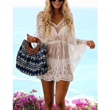 Bsubseach White See Through Casual V Neck Beach Mesh Batwing Sleeve Swimsuit Cover Up Swimwear for Women