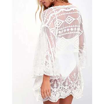 Bsubseach White See Through Casual V Neck Beach Mesh Batwing Sleeve Swimsuit Cover Up Swimwear for Women
