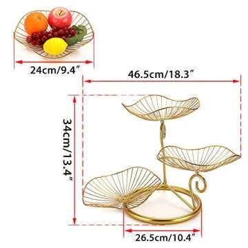 OwnMy 3-Tier Fruit Basket Stand Decorative Iron Fruit Bowl, Metal Wire Fruit Holder Storage Trays Table Countertop Holder for Vegetables Bread Snack, Modern Fruit Bowls for Kitchen Home Use (Gold)