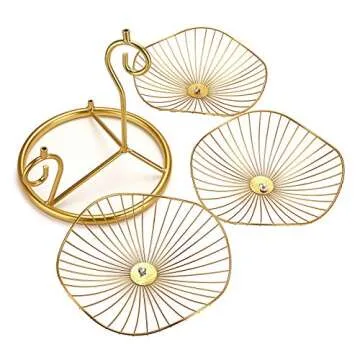 OwnMy 3-Tier Fruit Basket Stand Decorative Iron Fruit Bowl, Metal Wire Fruit Holder Storage Trays Table Countertop Holder for Vegetables Bread Snack, Modern Fruit Bowls for Kitchen Home Use (Gold)