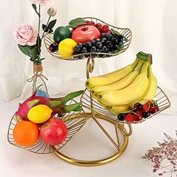 OwnMy 3-Tier Fruit Basket Stand Decorative Iron Fruit Bowl, Metal Wire Fruit Holder Storage Trays Table Countertop Holder for Vegetables Bread Snack, Modern Fruit Bowls for Kitchen Home Use (Gold)