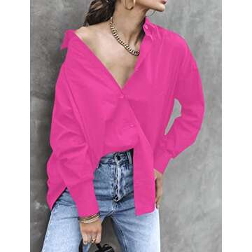OMSJ Womens Dressy Button Down Shirts Casual Long Sleeve V Neck Candy Color Blouse Loose Fit Tops (L...