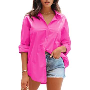 OMSJ Womens Dressy Button Down Shirts Casual Long Sleeve V Neck Candy Color Blouse Loose Fit Tops (L, Rose Red)