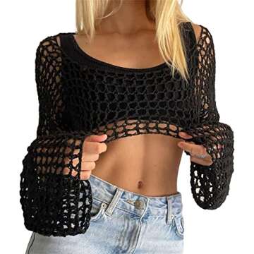 KEOMUD Women Mesh Crochet Crop Top Long Sleeve Hollow Out Cropped Knit Sweater Bikini Beach See Thro...