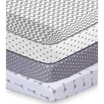 BaeBae Goods Premium Crib Sheets for Baby Boys and Girls, 4 Pack, Soft and Breathable Jersey Knit Fitted Sheet Set, Grey and White, Cute Gender Neutral Nursery Mattress Bedding, Universal Fit