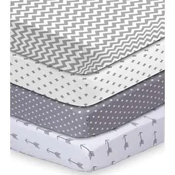 BaeBae Goods Premium Crib Sheets for Baby Boys and Girls, 4 Pack, Soft and Breathable Jersey Knit Fitted Sheet Set, Grey and White, Cute Gender Neutral Nursery Mattress Bedding, Universal Fit