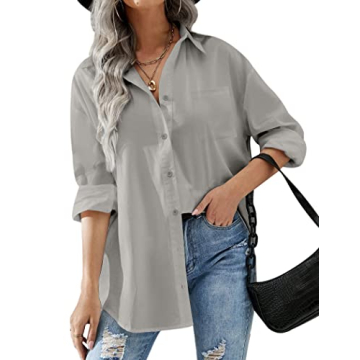 HOTOUCH Women Collar Shirt Casual Button Up Blouse Office Boyfriend Long Sleeve Tops with Pockets Li...