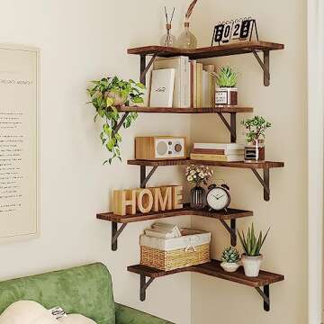 Fixwal Corner Floating Shelves Set of 5, Rustic Wood Wall Mounted Corner Shelf for Bathroom, Kitchen, Bedroom, Home Decor, Laundry Room, Living Room(Dark Carbonized Black)