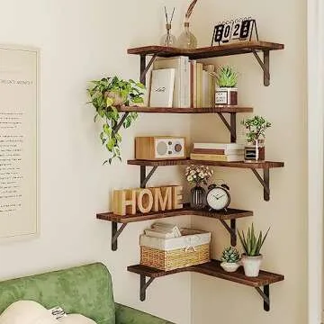 Fixwal Corner Floating Shelves Set of 5, Rustic Wood Wall Mounted Corner Shelf for Bathroom, Kitchen, Bedroom, Home Decor, Laundry Room, Living Room(Dark Carbonized Black)