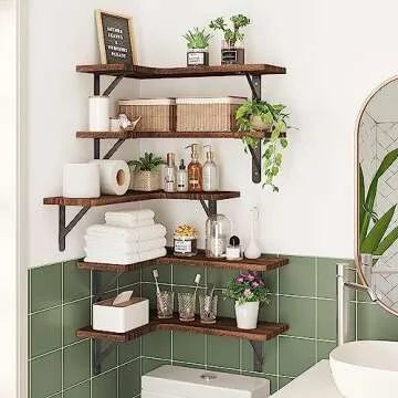 Fixwal Corner Floating Shelves Set of 5, Rustic Wood Wall Mounted Corner Shelf for Bathroom, Kitchen, Bedroom, Home Decor, Laundry Room, Living Room(Dark Carbonized Black)