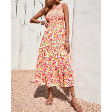 BTFBM One Shoulder Summer Dress for Women - Floral & Flowy
