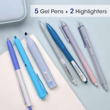 WRITECH Gel Pens Journaling Highlighters: Journal Set Aesthetic Assorted Pastel Color Ink 0.5mm Fine Point Retractable 0.7mm Black Pen Smooth Writing Drawing No Bleed 7ct (Blue)