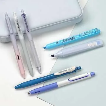 WRITECH Gel Pens Journaling Highlighters: Journal Set Aesthetic Assorted Pastel Color Ink 0.5mm Fine Point Retractable 0.7mm Black Pen Smooth Writing Drawing No Bleed 7ct (Blue)
