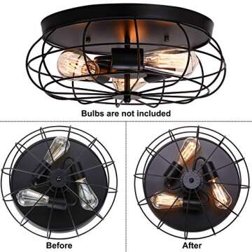 MOLEBIT Flush Mount Ceiling Light Vintage Black - Industrial Metal Cage Fixture with 3 E26 Lights fo...
