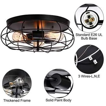MOLEBIT Flush Mount Ceiling Light Vintage Black - Industrial Metal Cage Fixture with 3 E26 Lights for Bedroom, Kitchen, Dining Room, Living Room