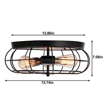 MOLEBIT Flush Mount Ceiling Light Vintage Black - Industrial Metal Cage Fixture with 3 E26 Lights for Bedroom, Kitchen, Dining Room, Living Room