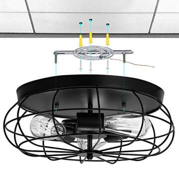 MOLEBIT Flush Mount Ceiling Light Vintage Black - Industrial Metal Cage Fixture with 3 E26 Lights for Bedroom, Kitchen, Dining Room, Living Room