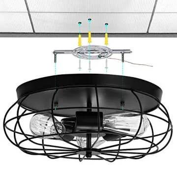 MOLEBIT Flush Mount Ceiling Light Vintage Black - Industrial Metal Cage Fixture with 3 E26 Lights for Bedroom, Kitchen, Dining Room, Living Room