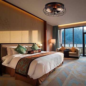 MOLEBIT Flush Mount Ceiling Light Vintage Black - Industrial Metal Cage Fixture with 3 E26 Lights for Bedroom, Kitchen, Dining Room, Living Room