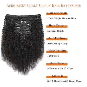 Yacurcur Afro Kinky Curly Clip in Hair Extensions Human Hair 4C Hair Clip in Extensions 8pcs 120g/se...