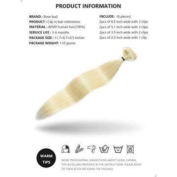 Rose bud Clip in Hair Extensions REMY Human Hair 8Pcs 18 Clips 65g/Set 14 Inch Platinum Blonde