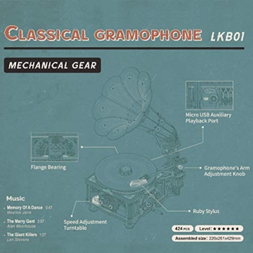 RoWood 3D Wooden Puzzle, Classical Mechanical Model Kit to Build, Best Gift for Teens Adults - Gramophone