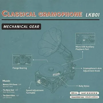 RoWood 3D Wooden Puzzle, Classical Mechanical Model Kit to Build, Best Gift for Teens Adults - Gramophone