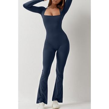 QINSEN Flare Jumpsuit Long Sleeve Square Neck Playful Fit