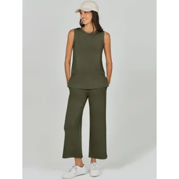 ANRABESS Women's 2 Piece Sets Summer Outfits Sleeveless Wide Leg Tracksuits Casual Sweat Sets Lounge Sweatsuits Army Green Large
