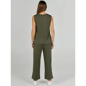 ANRABESS Women's 2 Piece Sets Summer Outfits Sleeveless Wide Leg Tracksuits Casual Sweat Sets Lounge Sweatsuits Army Green Large