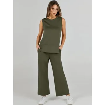 ANRABESS Women's 2 Piece Sets Summer Outfits Sleeveless Wide Leg Tracksuits Casual Sweat Sets Lounge Sweatsuits Army Green Large